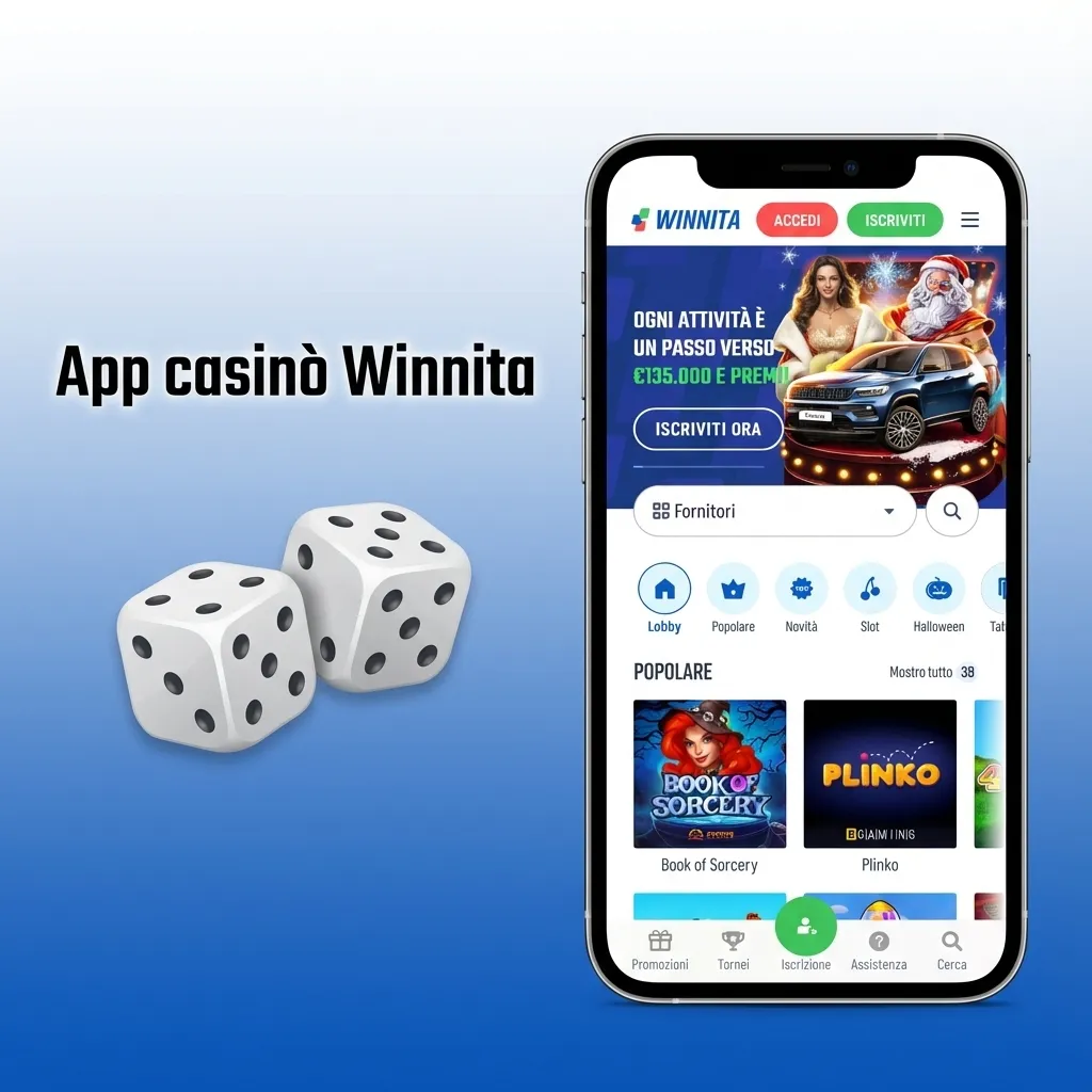 Schermata app casinò Winnita con slot, tavoli live, roulette, blackjack, bonus Free Spin e fornitori come Pragmatic Play.