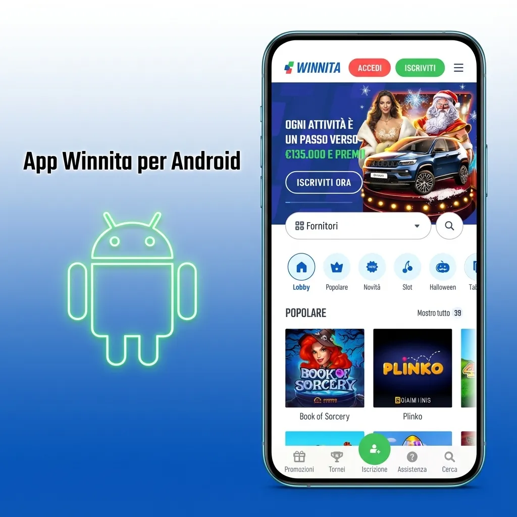 Schermata app Winnita su smartphone Android con pulsante “Scarica app” e istruzioni di installazione APK sul display