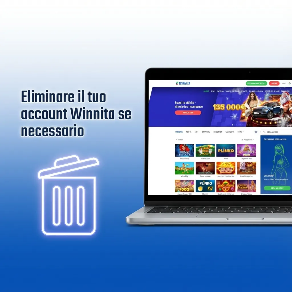 Schermata profilo Winnita con pulsante per chiudere l’account e avviso su saldo, bonus e richiesta assistenza