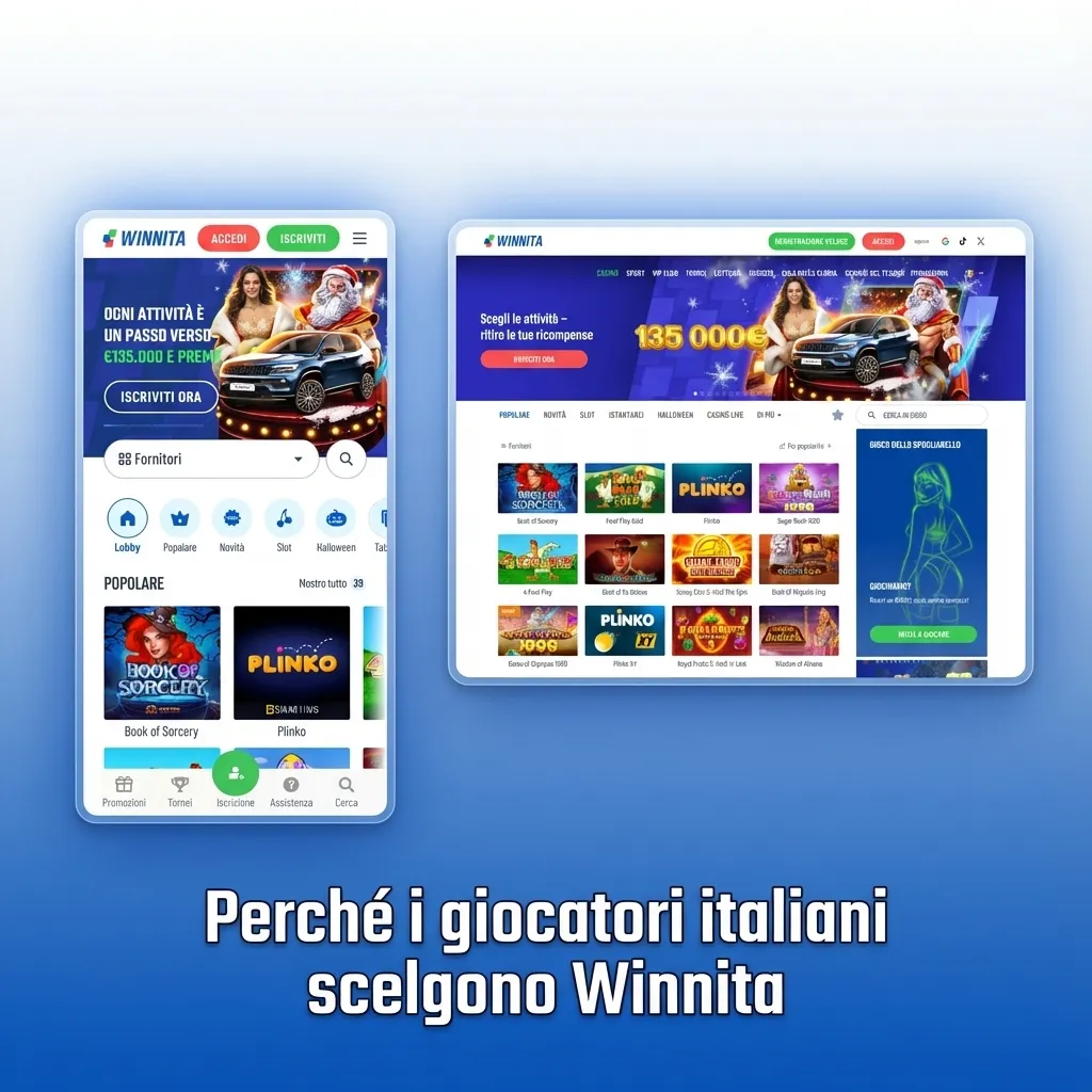 Grafica promozionale Winnita: vantaggi per giocatori italiani, pagamenti locali, bonus, giochi popolari e supporto in italiano