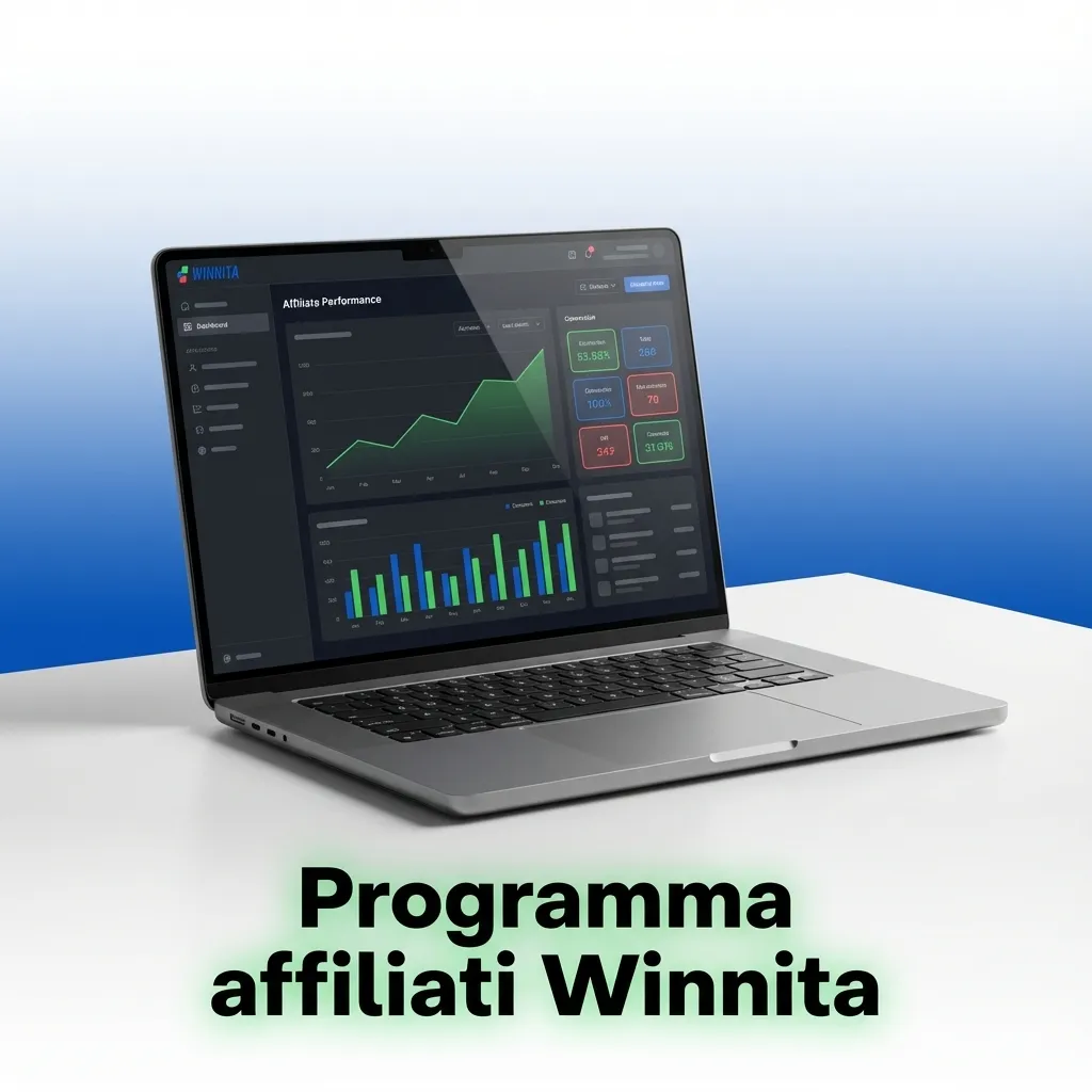 Banner del programma affiliati Winnita con icone di guadagni, grafici di performance e materiale promozionale in italiano
