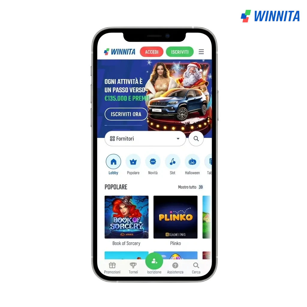Schermata promozionale app Winnita su smartphone, bonus casinò 100% fino a 1.500 € + 300 free spin per utenti italiani