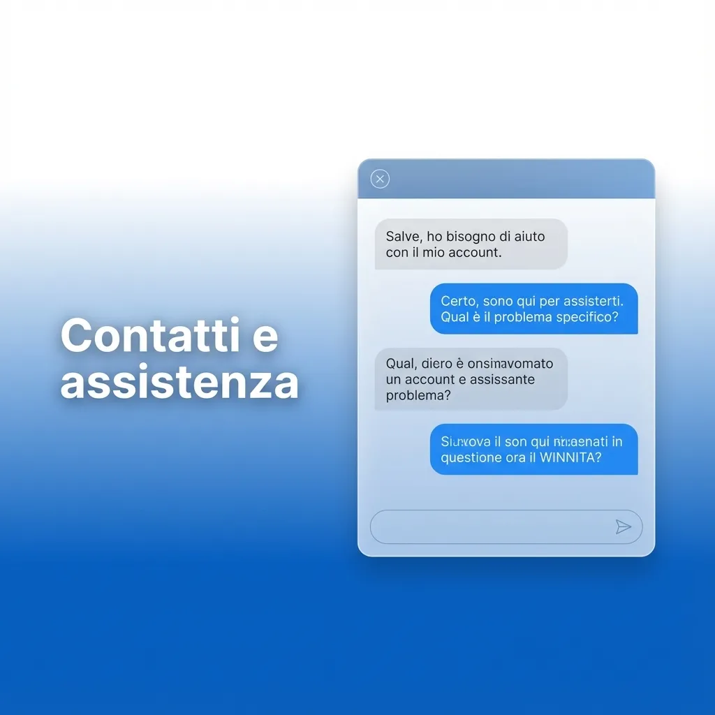 Schermata “Contatti e assistenza” con icone chat, email, modulo e FAQ per supporto clienti 24/7 in italiano
