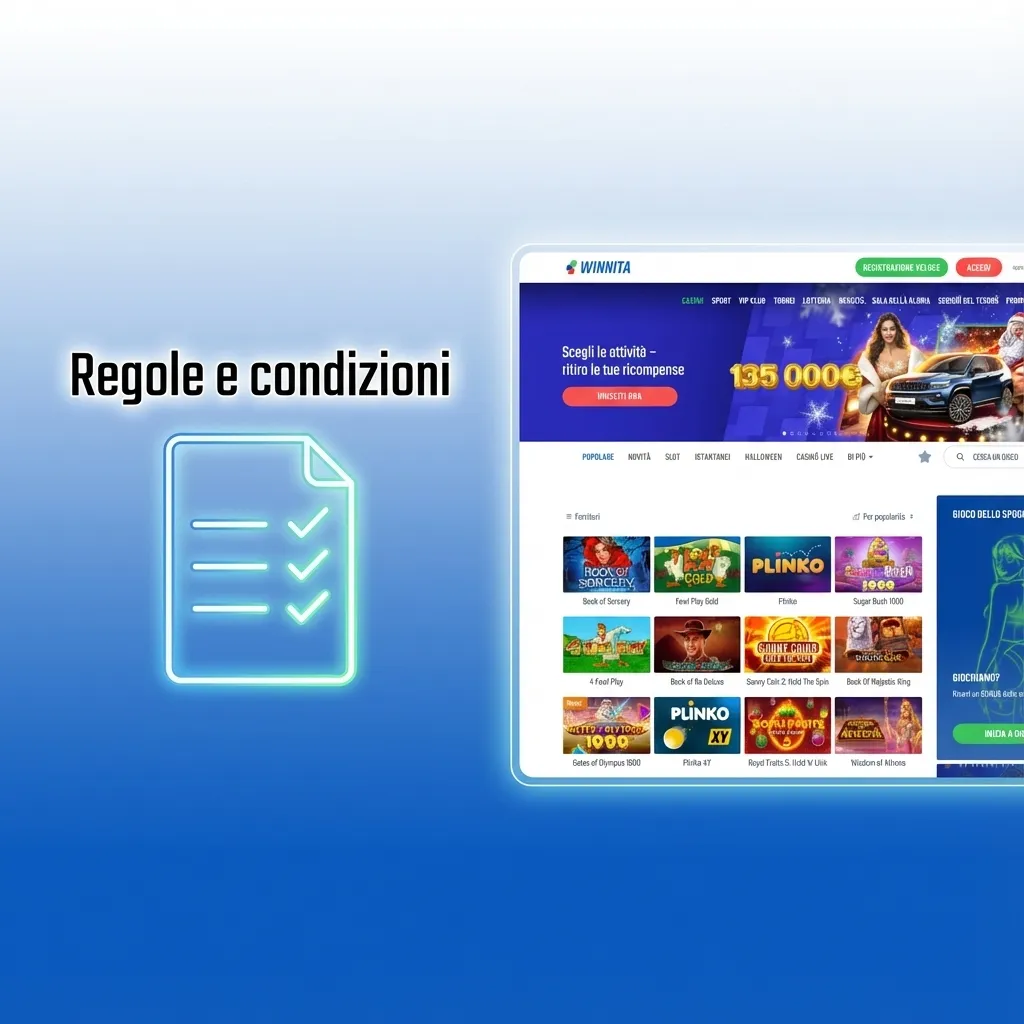 Illustrazione di documenti legali su schermo con titolo “Regole e condizioni” per l’uso del sito di gioco Winnita Italia