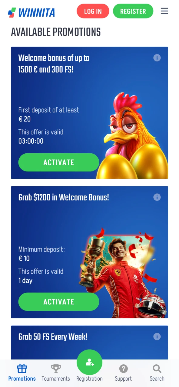 Interfaccia della sezione Bonus e promozioni sull'app Winnita