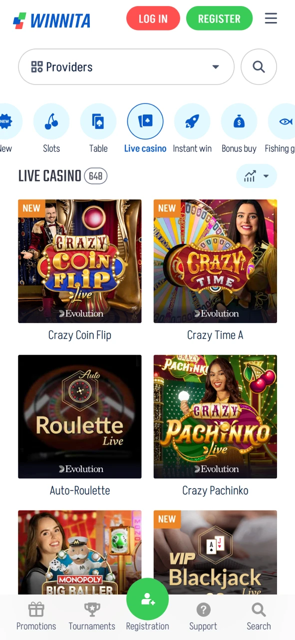 Interfaccia della sezione Casinò sull'app Winnita