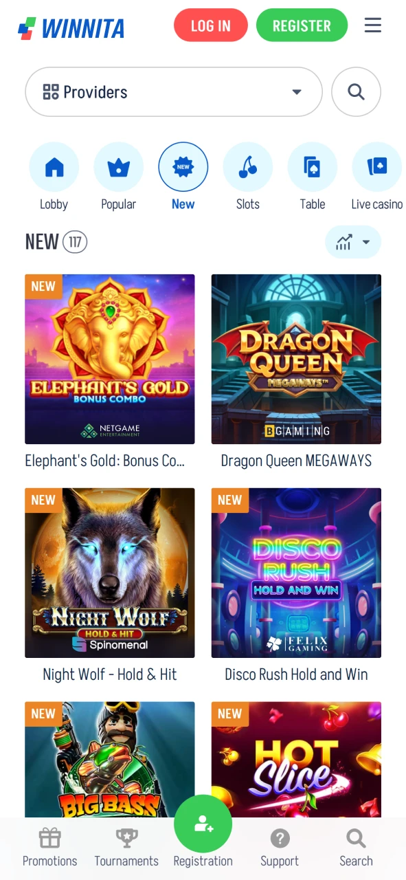 Interfaccia della home page dell'app Winnita