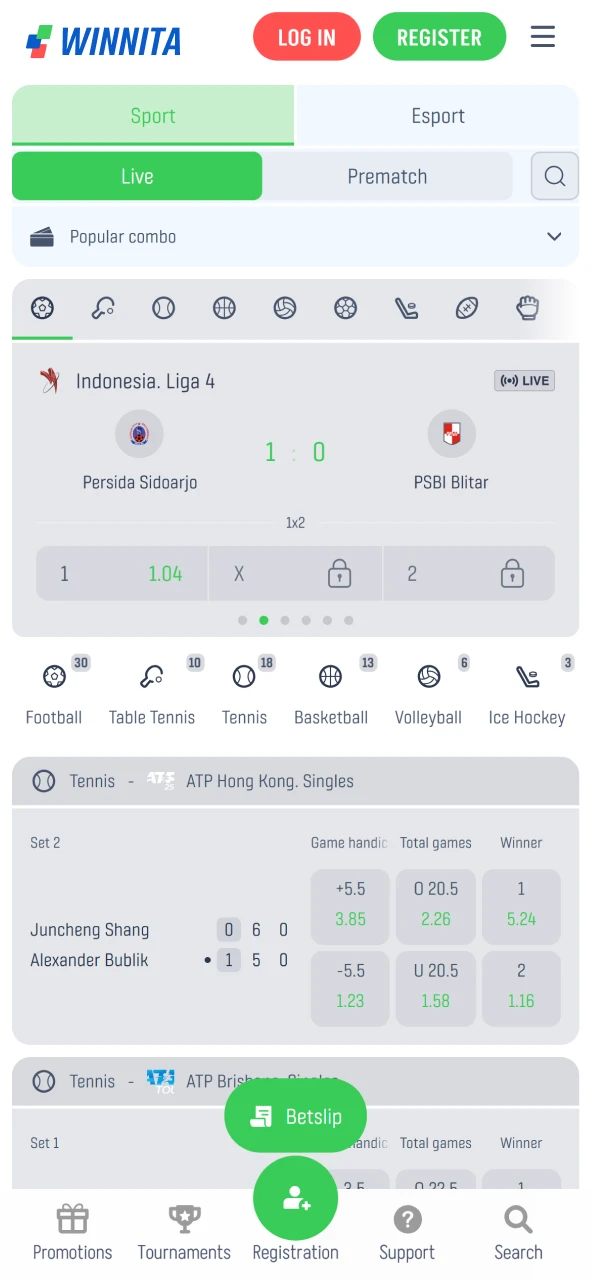 Interfaccia della sezione scommesse sportive sull'app Winnita